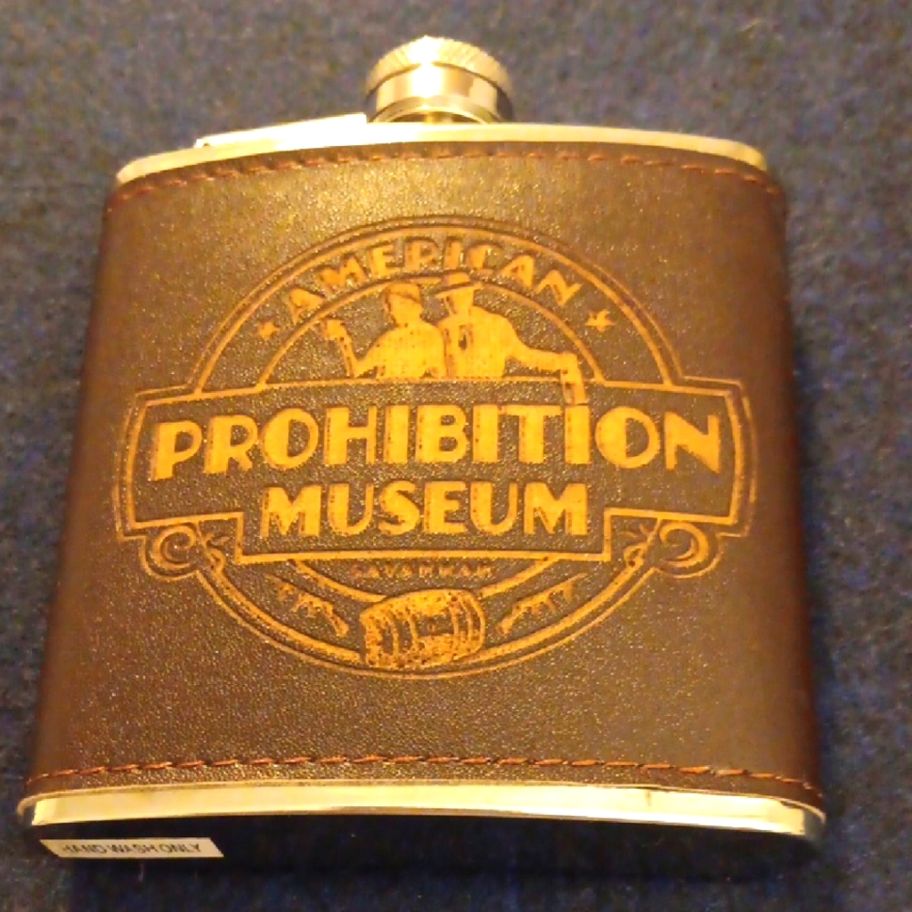 Brown Leather Flask with Prohibition Museum Logo
